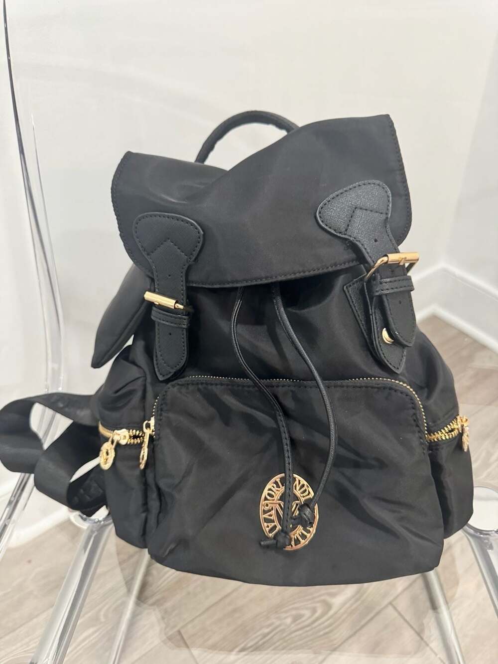 Valentino Orlandi Black Nylon Backpack Gold Hardware Drawstring Bag